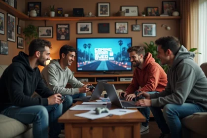 Groupe de jeunes adultes jouant et discutant dans un salon gaming