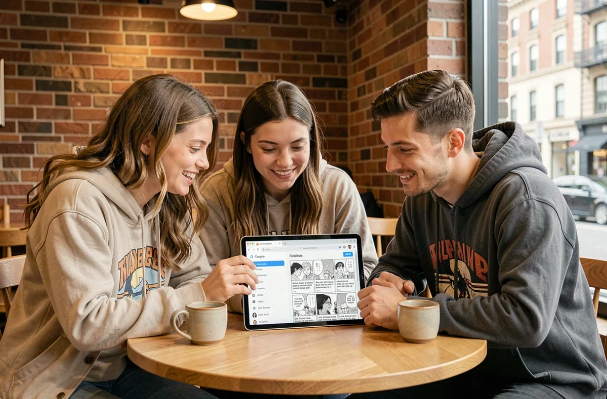 Groupe de jeunes adultes consultant un site de scan manga francophone sur une tablette dans un café