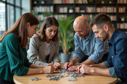 Groupe de quatre adultes autour d'un puzzle en bureau professionnel