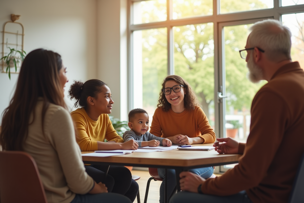 Groupe de parents seuls et enfants en réunion communautaire