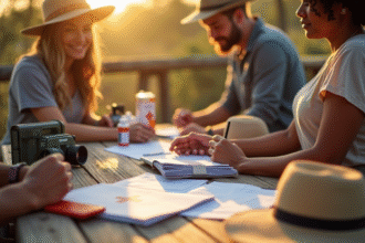 Groupe de voyageurs préparant un safari en plein air