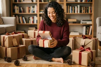 Femme souriante découvrant des cadeaux soigneusement emballés, guide de cadeaux tendance pour toutes les occasions