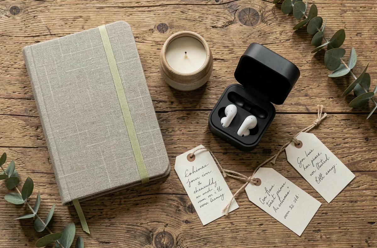 Sélection de cadeaux tendance disposés en flat lay sur une table en bois rustique pour un guide de cadeaux original