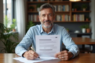 Homme d'affaires avec documents de location dans un appartement moderne