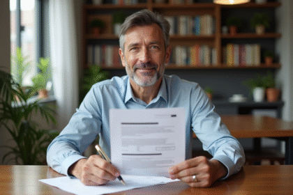Homme d'affaires avec documents de location dans un appartement moderne