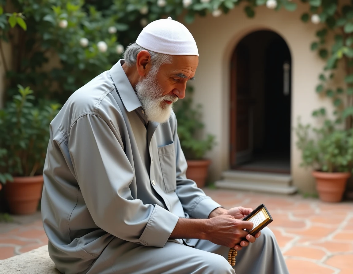 Homme âgé portant un kufi blanc récitant des invocations Allahouma barik avec un chapelet dans un jardin paisible