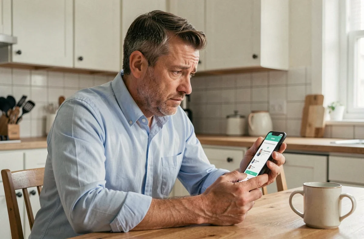 Homme consultant le centre d'aide Le Bon Coin sur son smartphone dans une cuisine