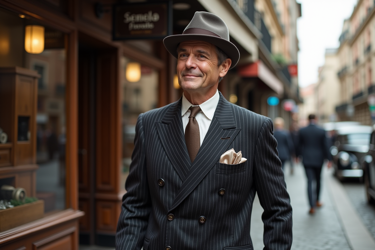 Homme en costume pinstripe dans une rue urbaine vintage