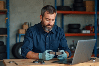 Homme barbu examine des plaquettes de frein auto dans un garage