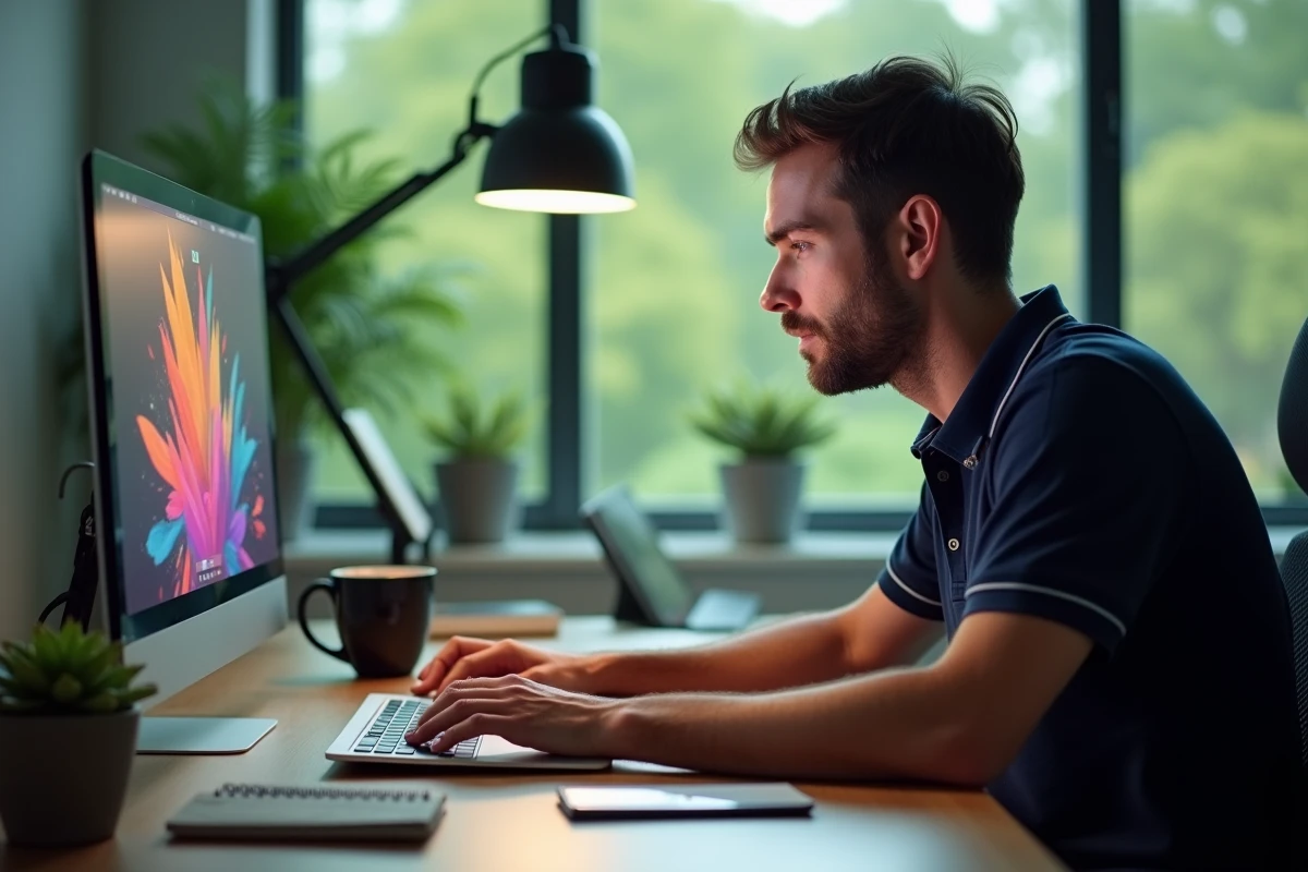 Homme concentré consultant les avantages de Monopoly Go sur un ordinateur portable dans un bureau à domicile