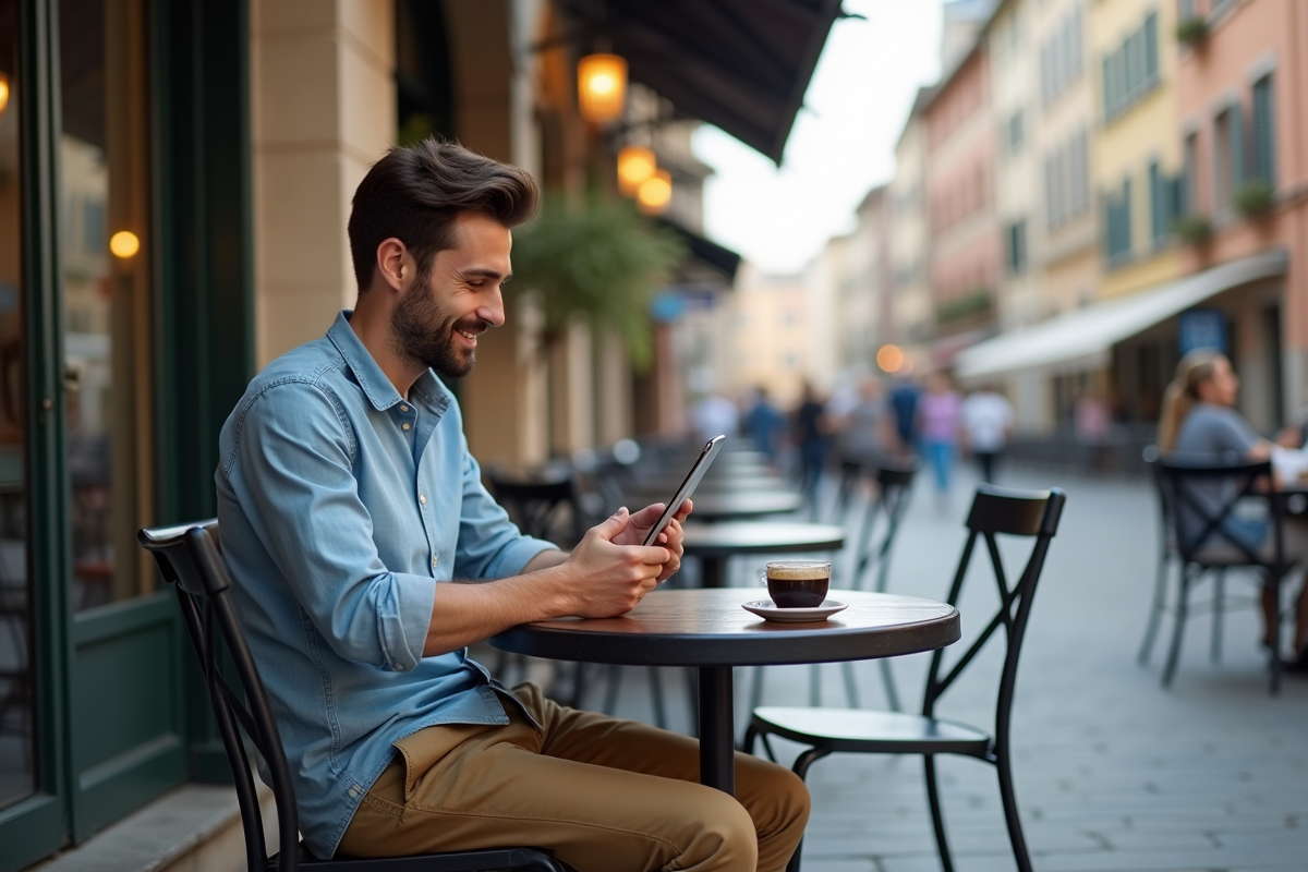 Jeune homme souriant dans un café en plein air avec une tablette