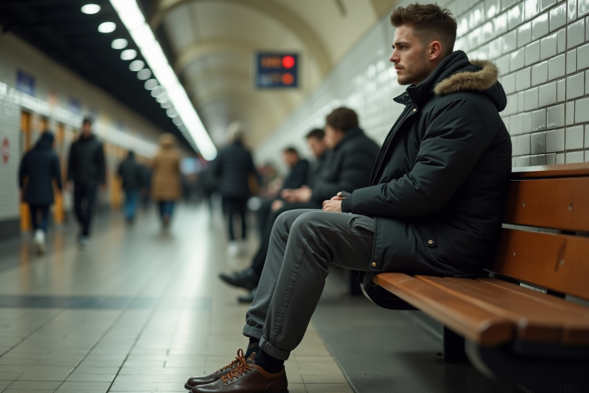 Homme en cargo gris assis dans une station de metro