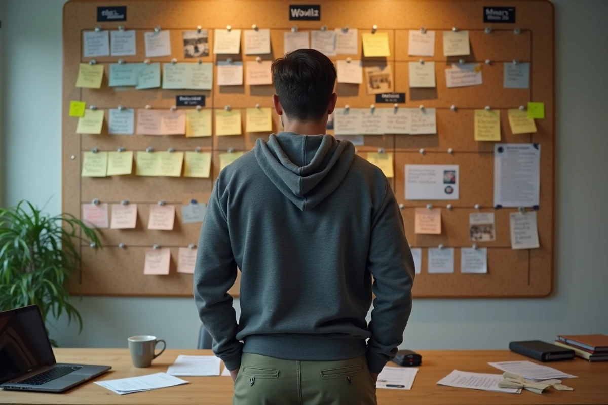Homme devant un mur de post-it organisé avec une chronologie des sorties cinéma Disney