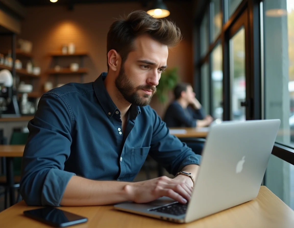Homme utilisant un ordinateur portable et un smartphone dans un café pour consulter des contenus Snapchat en mode incognito