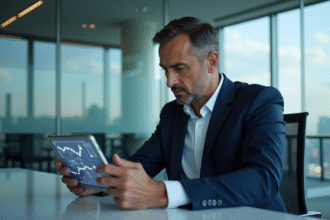 Homme d'affaires en costume bleu examine une tablette blockchain