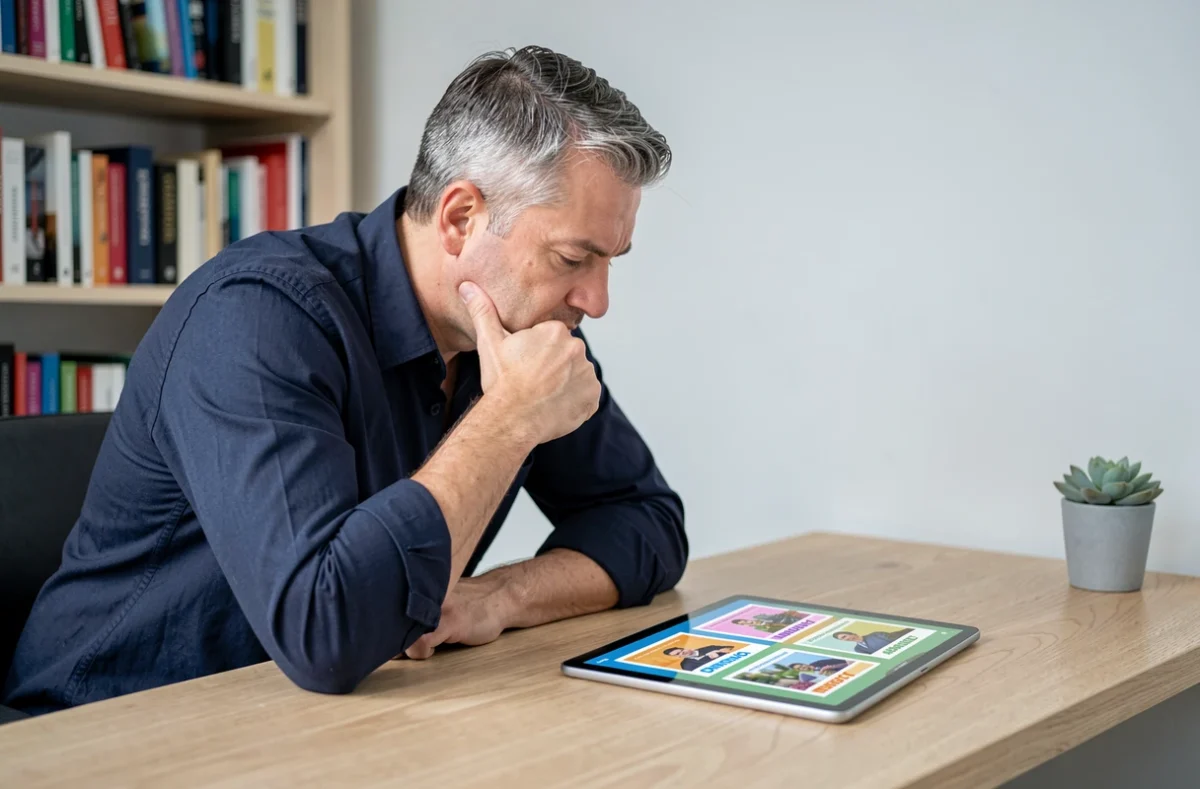 Homme concentré résolvant une énigme de 5 lettres sur tablette dans un bureau à domicile