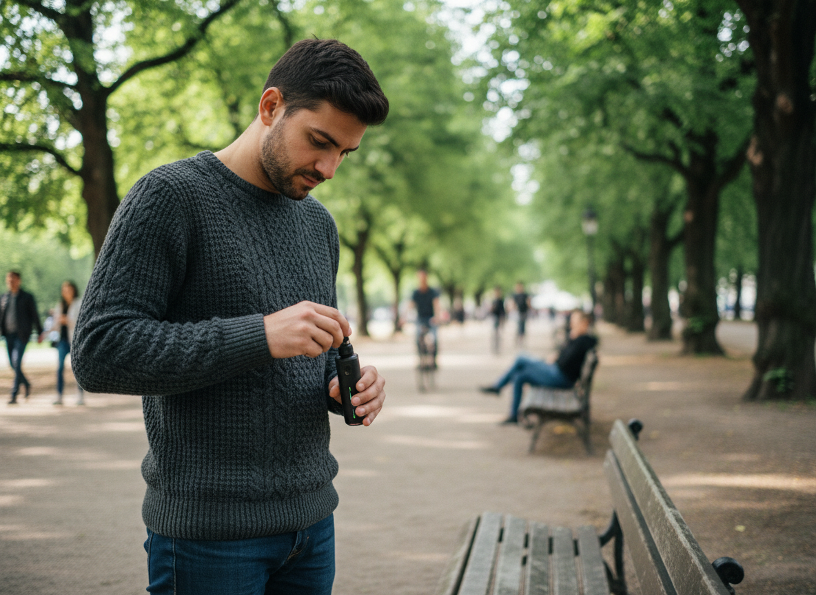 Jeune homme remplissant un puff dans un parc urbain en plein air