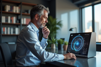 Homme d'âge moyen examinant un ordinateur quantique moderne dans un bureau