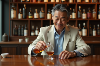Homme japonais dégustant du whisky dans un bar élégant