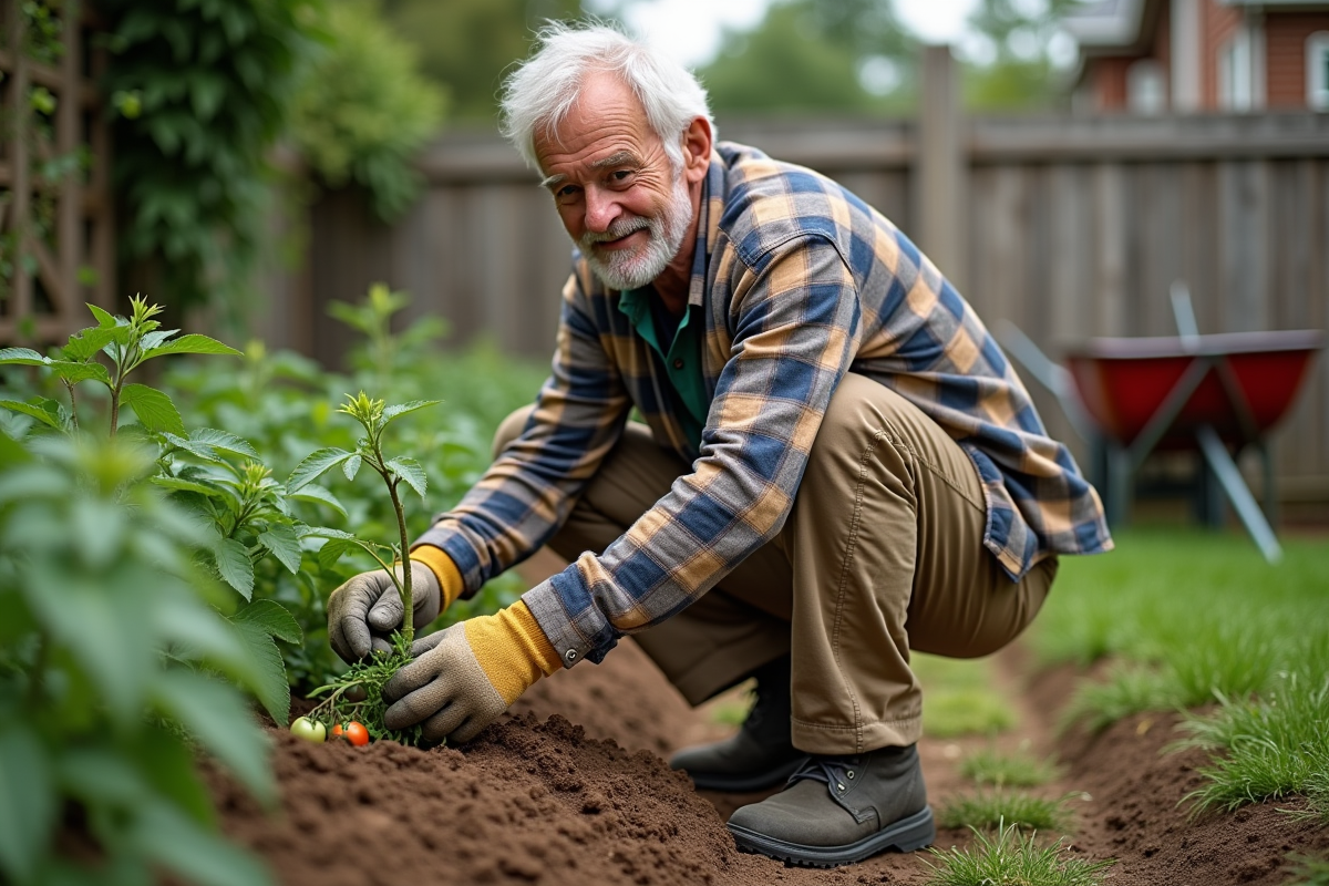 Homme âgé entretenant un jardin potager en extérieur