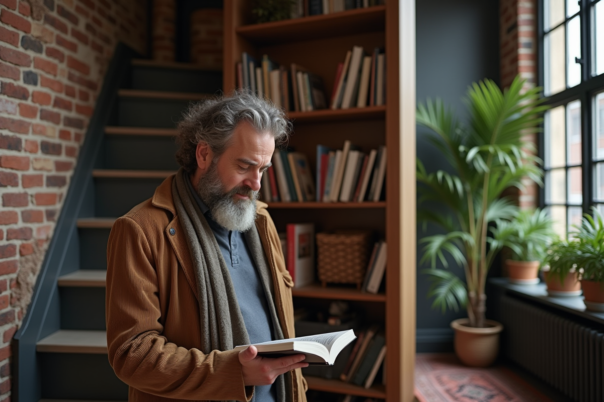 Homme avec veste en velours lisant dans un coin de l