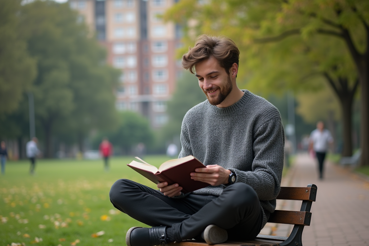 Jeune homme lisant dans un parc urbain en journée