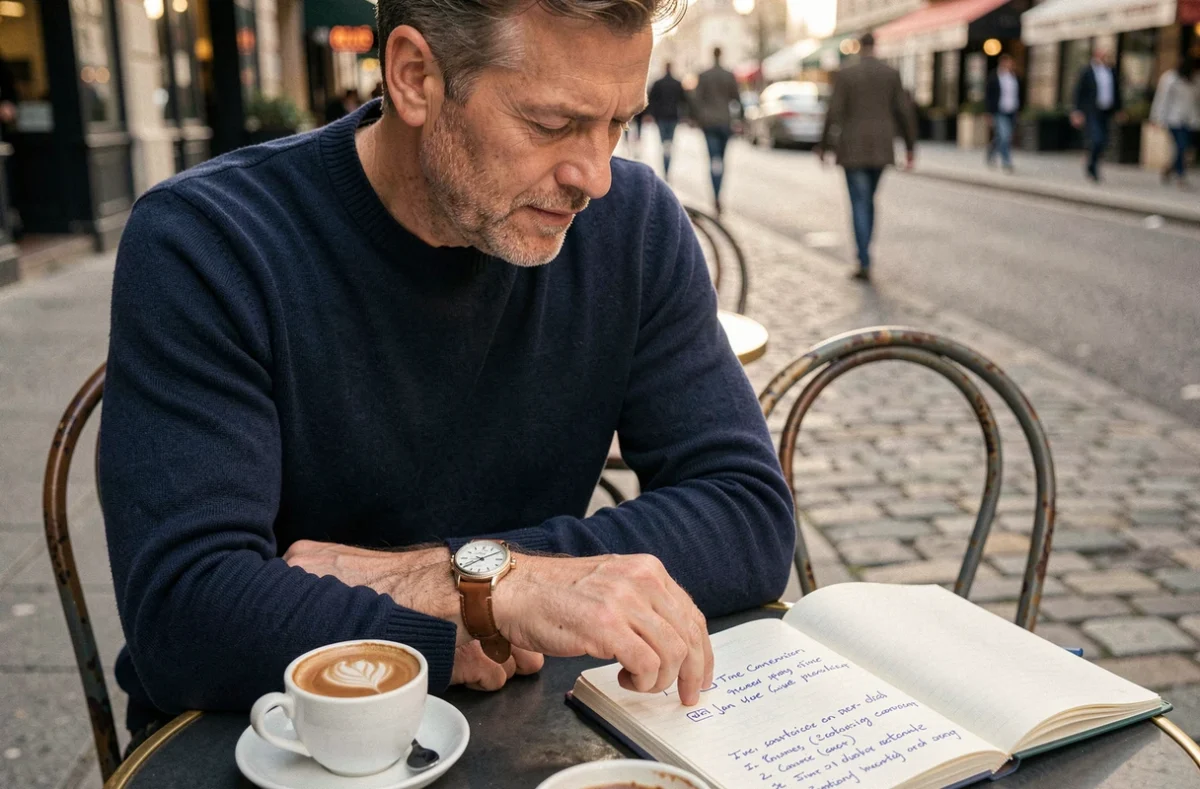 Homme vérifiant l'heure sur sa montre en terrasse de café avec des notes sur les heures AM et PM