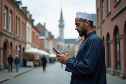 Homme musulman en thobe regardant son smartphone à Douai
