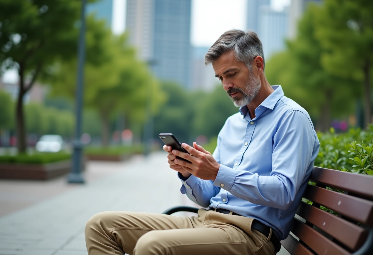 Homme en ville vérifiant sa tenue sur smartphone