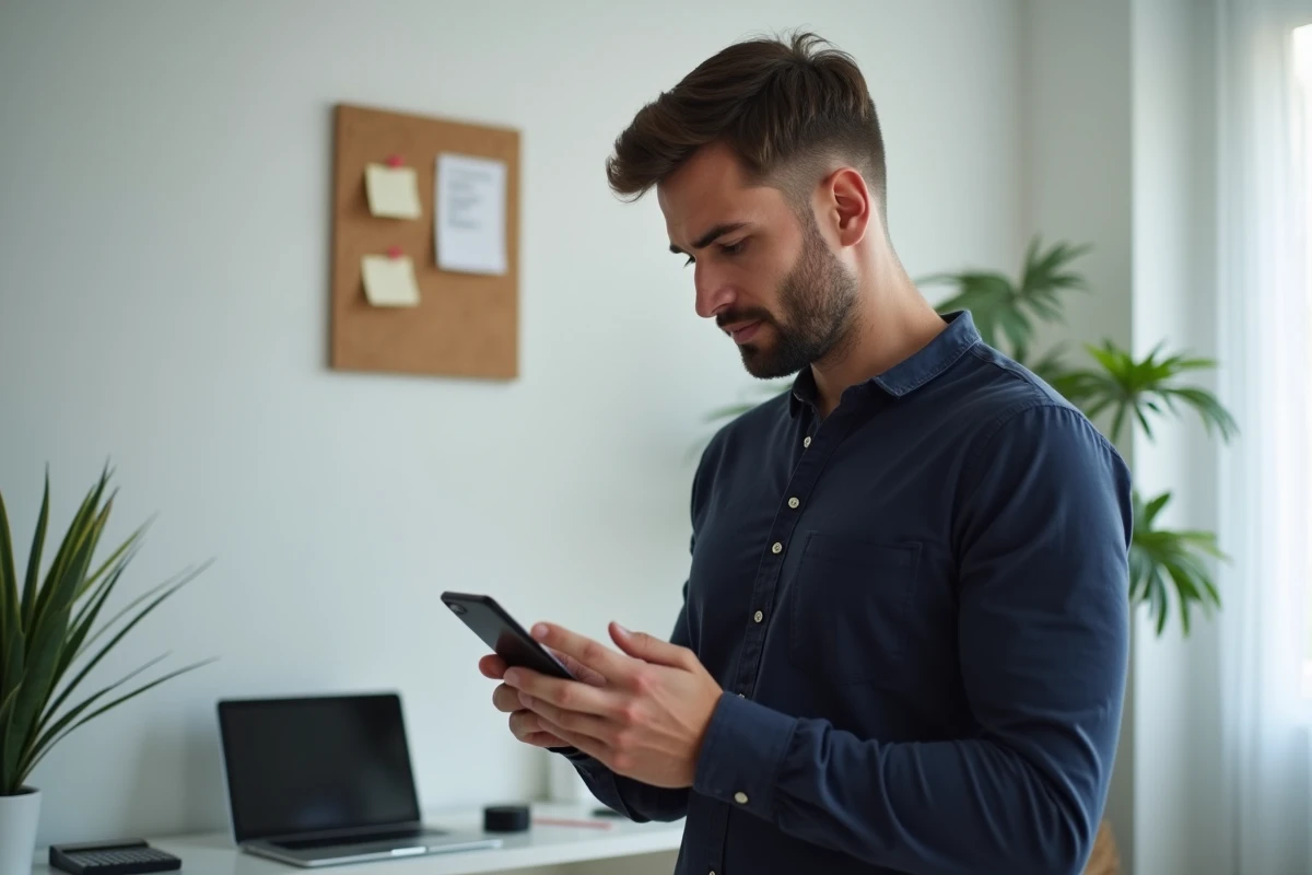Homme consultant le solde de ses points de fidélité sur smartphone dans un bureau moderne, illustrant le calcul de rentabilité des avis en ligne