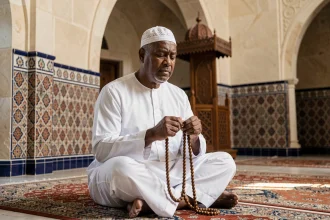 Homme en djellaba blanche récitant des prières sur un tapis de prière dans une mosquée de Marseille