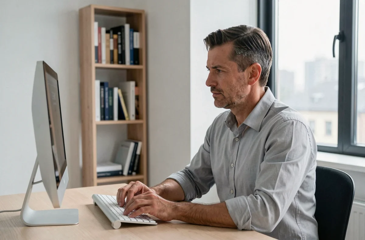 Homme en télétravail rédigeant un courrier électronique professionnel soigné sur un ordinateur de bureau dans un home office minimaliste