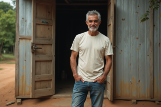 Homme d'âge moyen devant une maison en bois recyclé