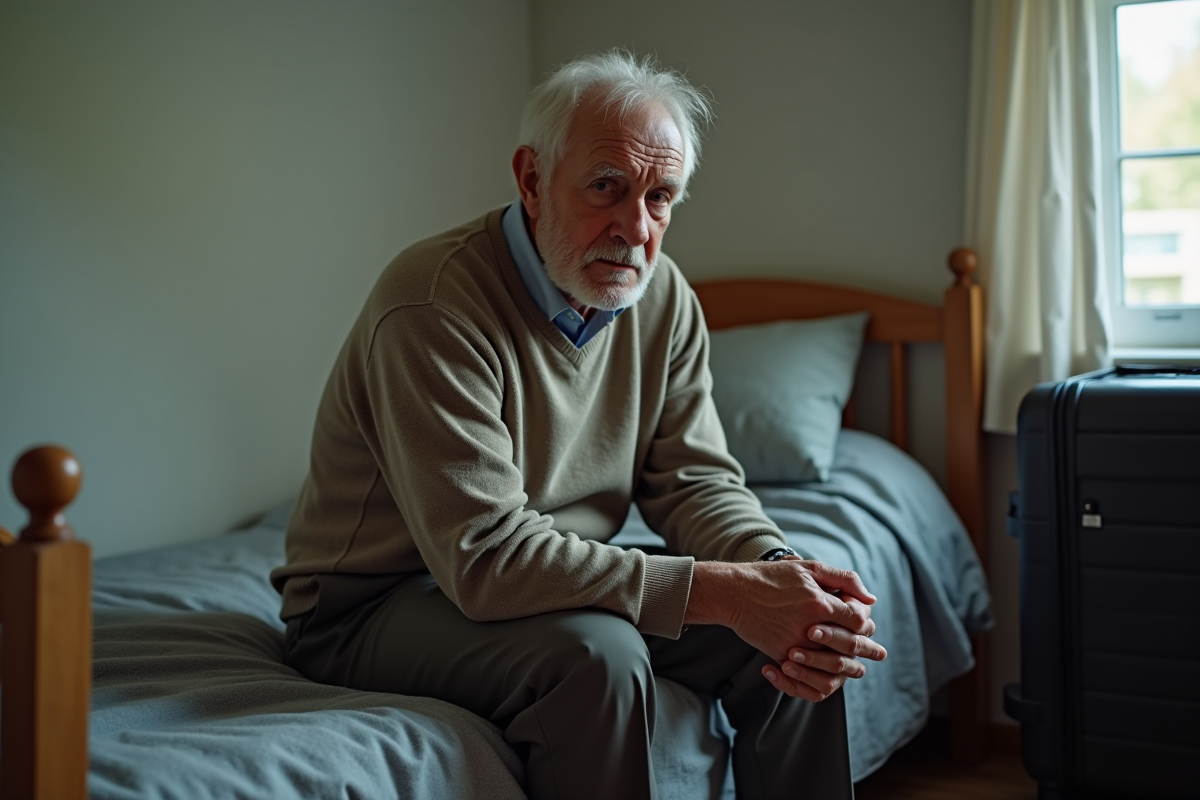 Homme âgé pensif avec valise dans une chambre simple