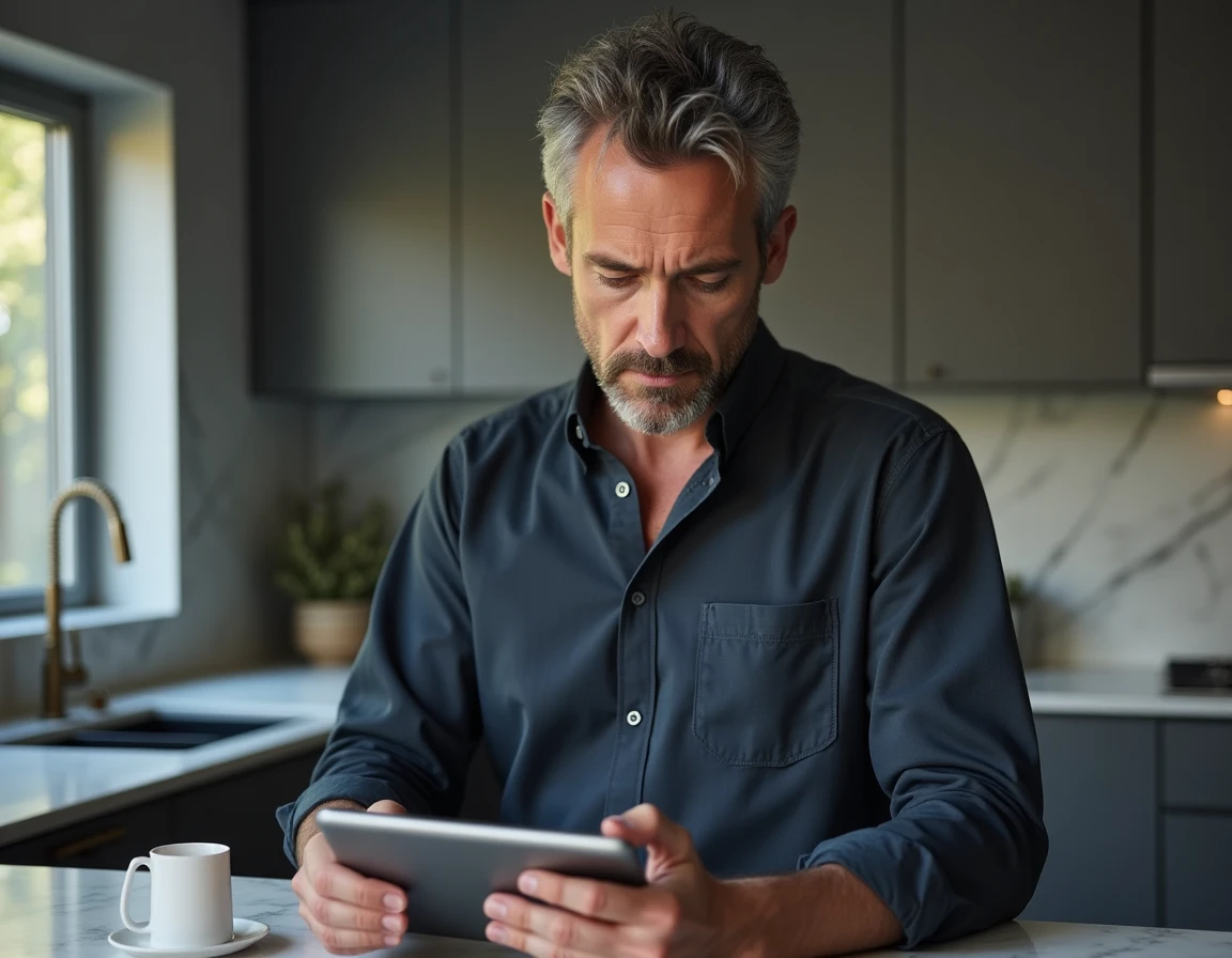 Homme consultant l'adresse d'un site de film du jour sur une tablette dans une cuisine moderne
