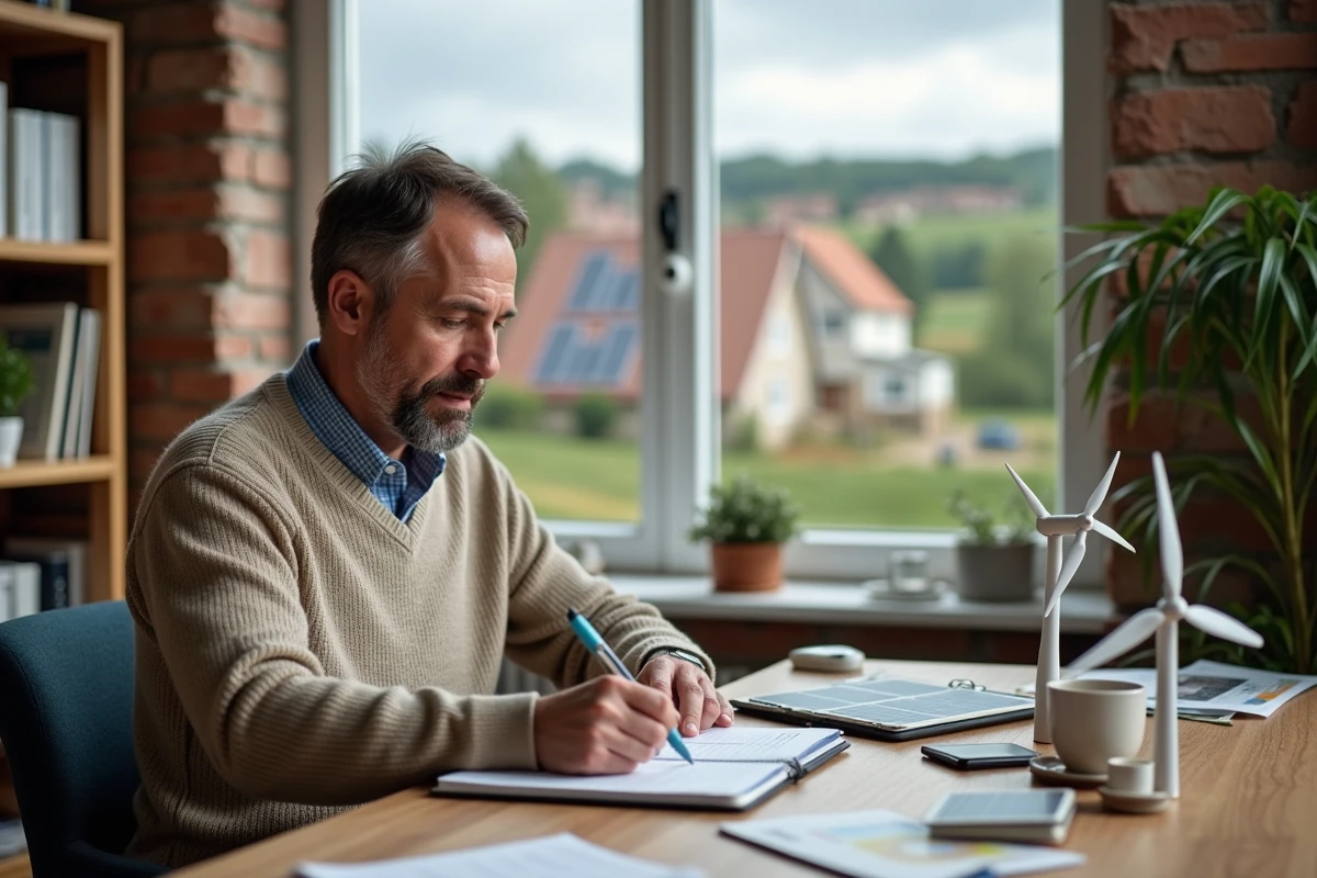 Homme en intérieur prenant des notes avec vue sur panneaux solaires
