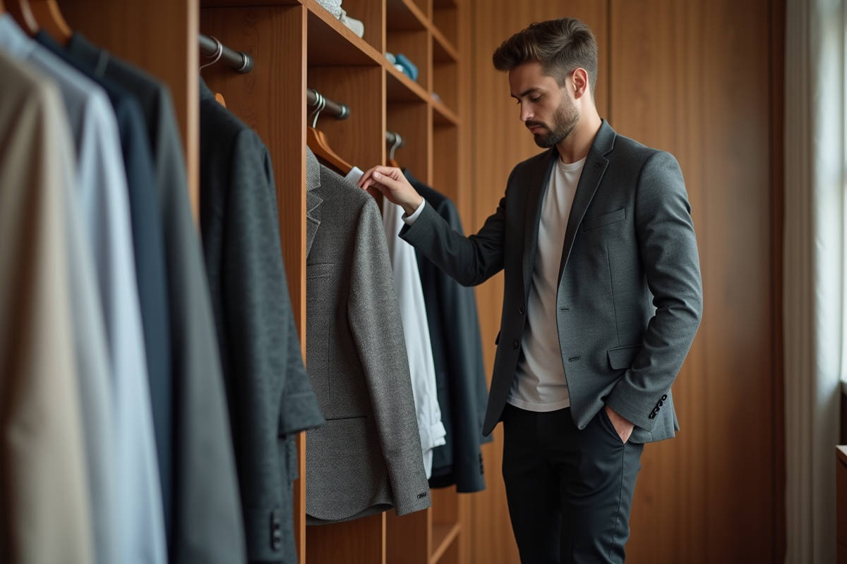 Jeune homme examine des chemises dans une garde-robe