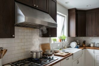 Hotte aspirante en inox au-dessus d'une cuisinière à gaz dans une cuisine moderne avec vapeur visible