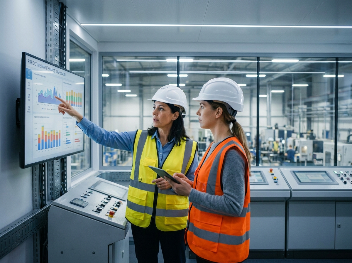 Deux ingénieures analysant des données de maintenance prédictive sur des écrans de contrôle dans la salle de commande d'une usine moderne