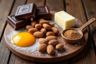 Ingrédients pour gâteau opera disposés sur une table en bois