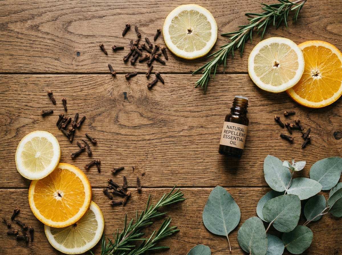 Ingrédients naturels anti-moustiques disposés sur une table en bois : clous de girofle, agrumes, romarin et huile essentielle