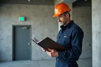 Inspecteur sécurité incendie en uniforme dans un bâtiment