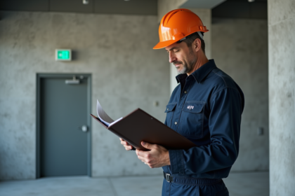 Inspecteur sécurité incendie en uniforme dans un bâtiment