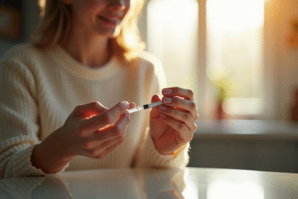 Jeune adulte injectant de l insuline avec un stylo dans une cuisine lumineuse