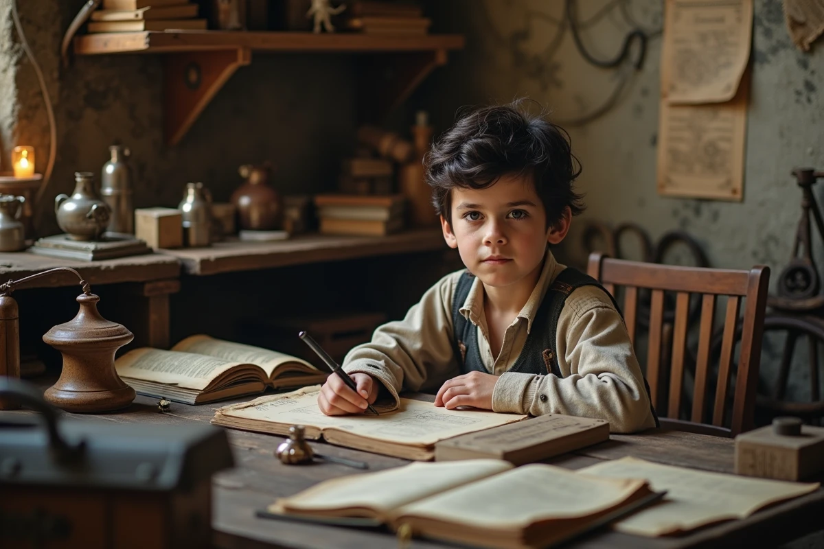 Jeune garçon travaillant sur des livres et pièces mécaniques dans un atelier