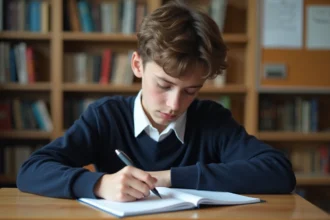 Jeune garçon concentré à écrire dans une salle de classe moderne