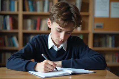 Jeune garçon concentré à écrire dans une salle de classe moderne
