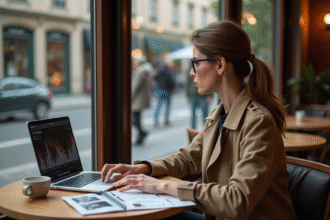 Jeune femme en trench analyse des chiffres économiques à Paris
