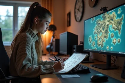 Jeune femme en sweater consultat un carnet gaming dans un bureau moderne