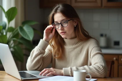 Jeune femme en sweater beige travaillant sur un laptop à la maison